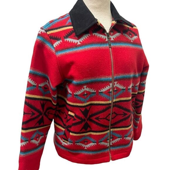 Pendleton Southwestern Navaho Red Wool Suede Collar Zip Jacket Coat Size Small - Picture 3 of 9